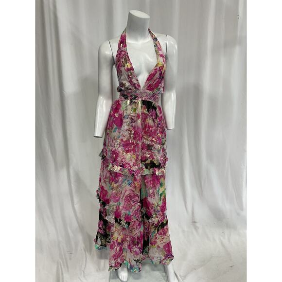 Rococo Sand Pink Halterneck Georgette Metallic Star Long Dress Size M - NWT - Picture 2 of 5